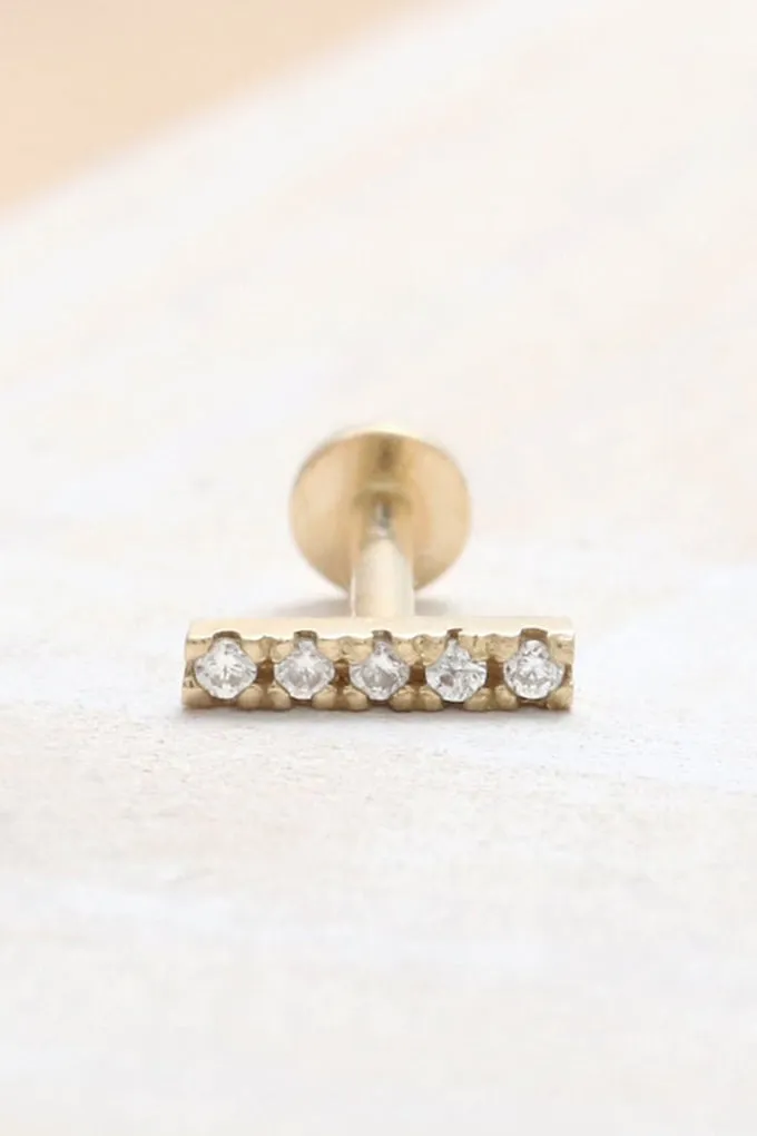 14K Real Gold CZ or Moissanite Genuine Diamond Slim Stick Helix Cartilage Tragus Inner Conch Internally Threaded Flat Back Earri