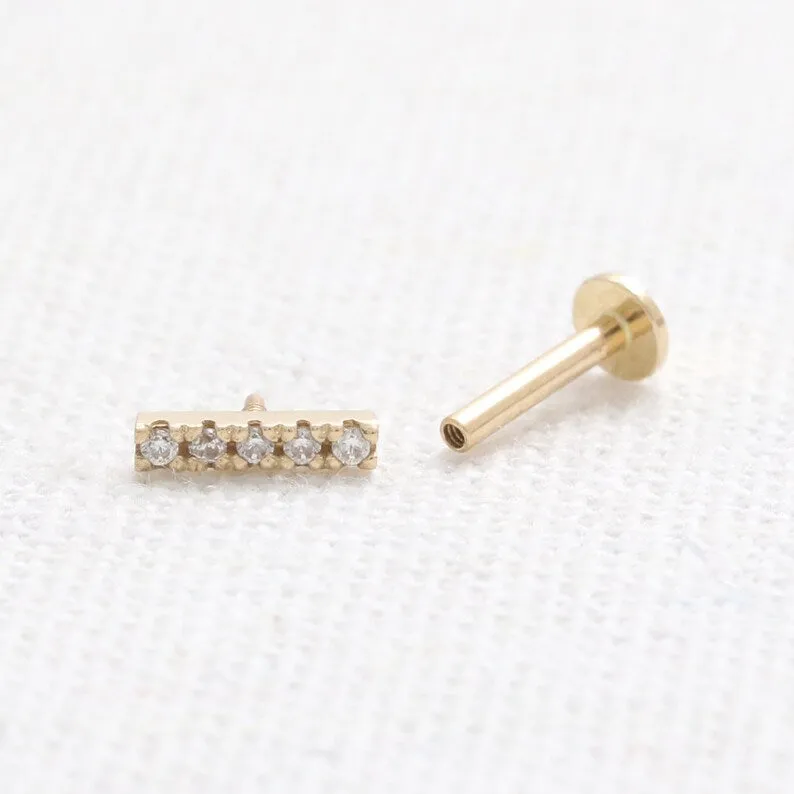 14K Real Gold CZ or Moissanite Genuine Diamond Slim Stick Helix Cartilage Tragus Inner Conch Internally Threaded Flat Back Earri