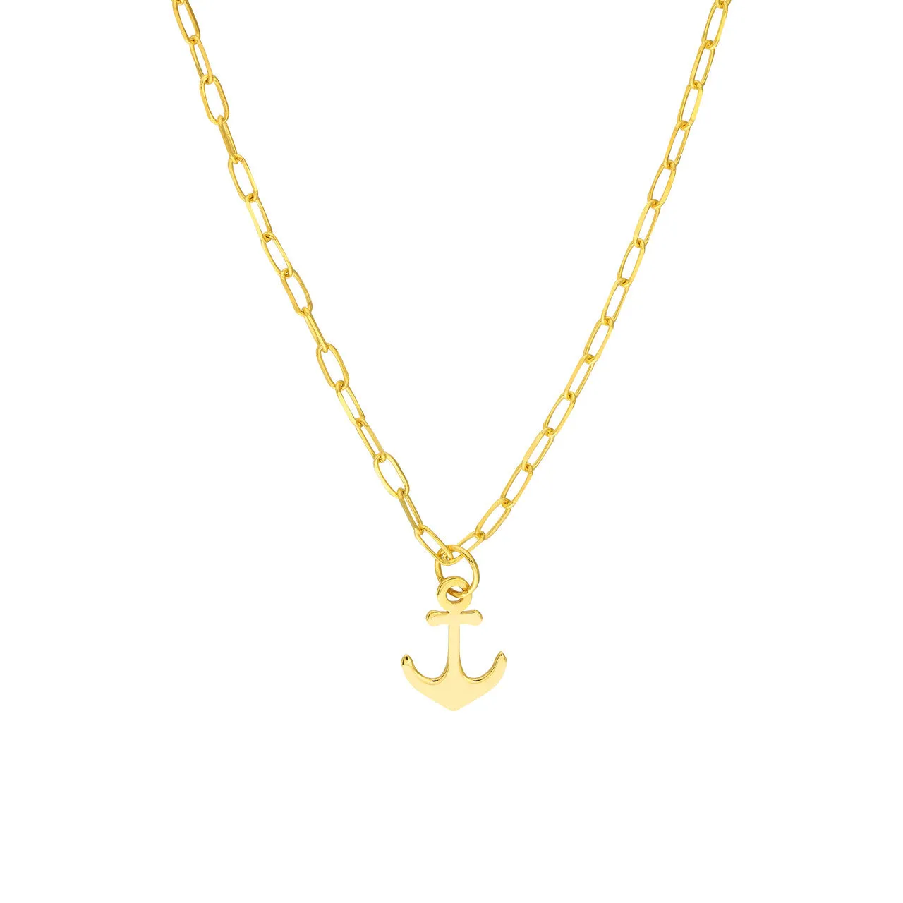 14K Yellow Gold Mini Anchor Pendant Paperclip Chain Necklace