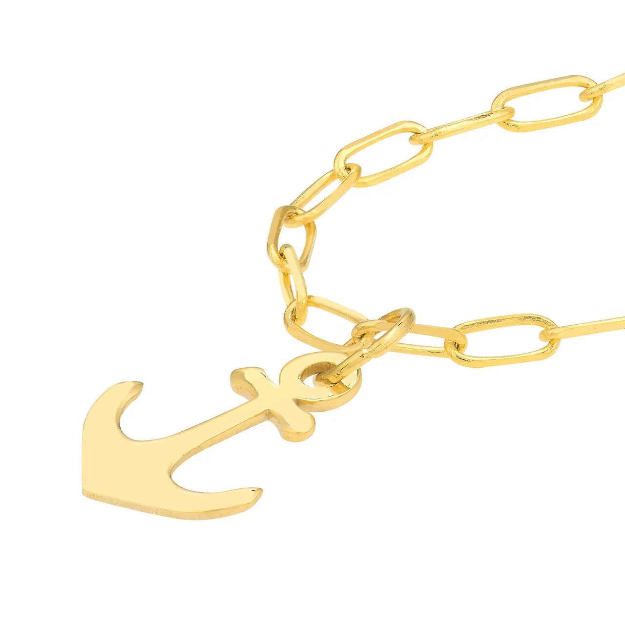 14K Yellow Gold Mini Anchor Pendant Paperclip Chain Necklace