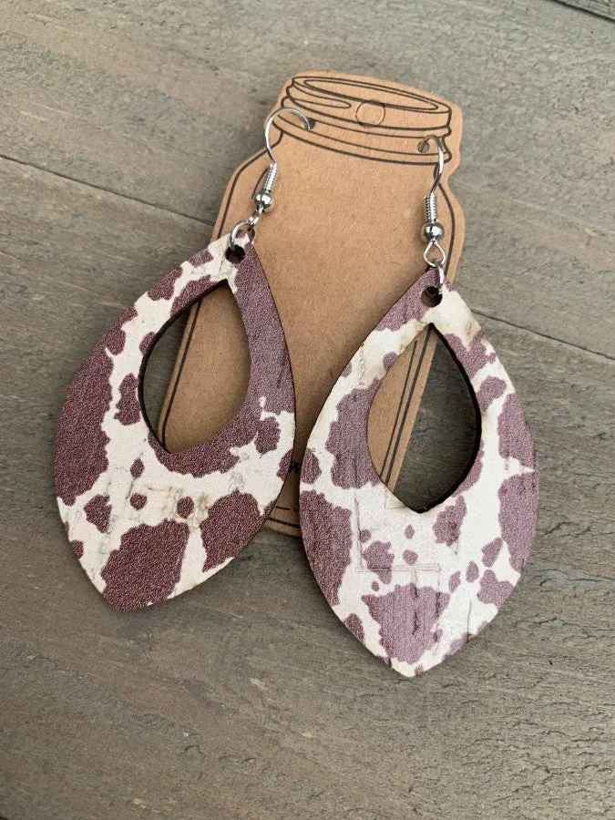 27 Brown Cow Print Cork Teardrop Earrings