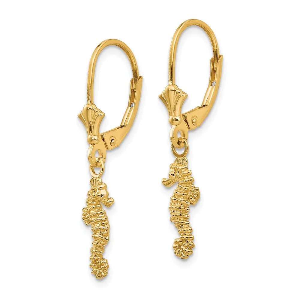 3D Mini Textured Seahorse Lever Back Earrings in 14k Yellow Gold