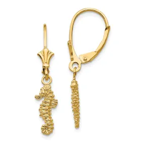 3D Mini Textured Seahorse Lever Back Earrings in 14k Yellow Gold