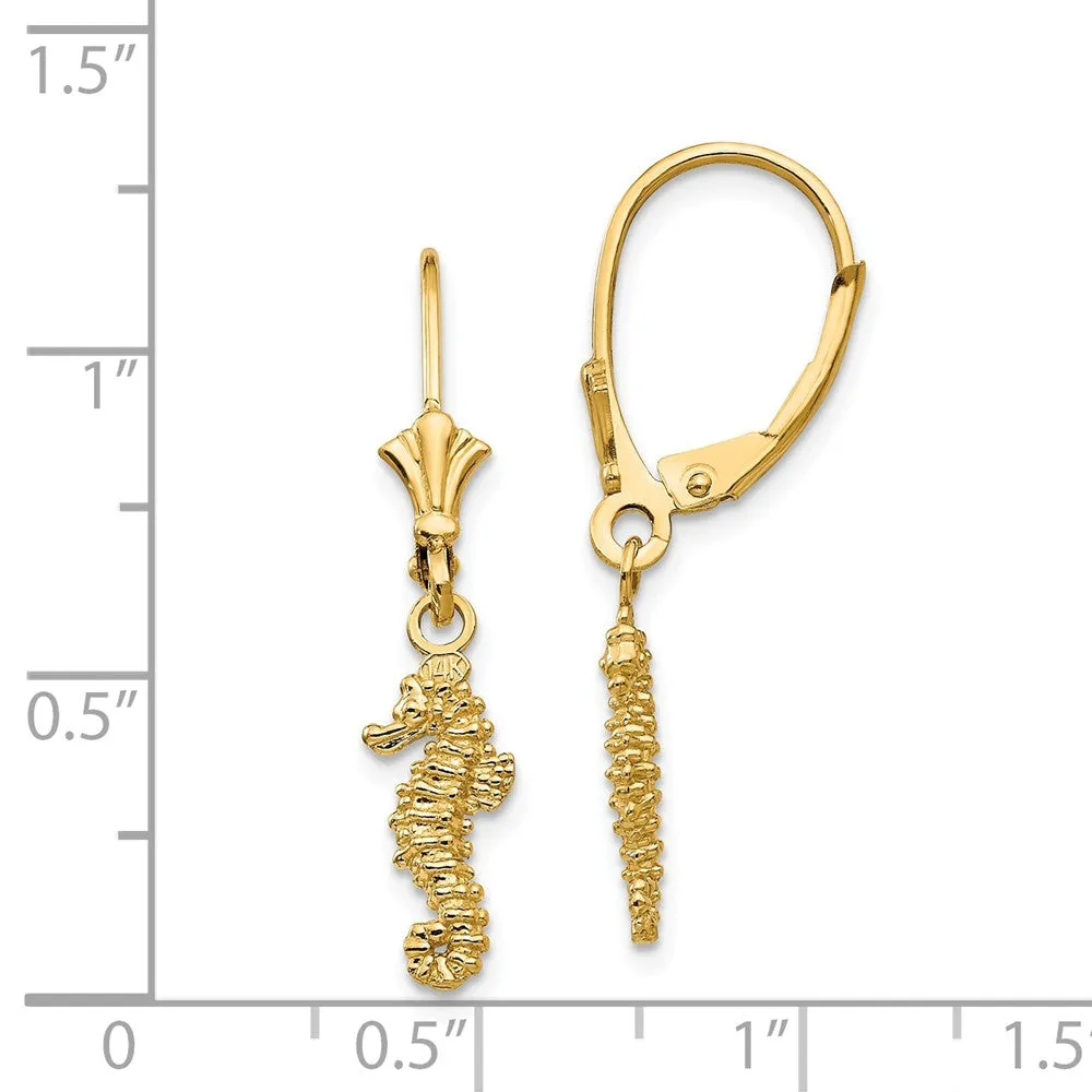 3D Mini Textured Seahorse Lever Back Earrings in 14k Yellow Gold