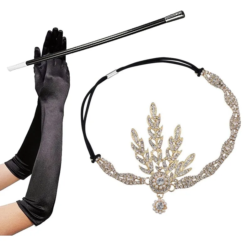 3pcs/set 1920s Flapper Great Gatsby Accessories Set Leaf Medallion Pearl Headband Black Gloves Cigarette Holder Costume