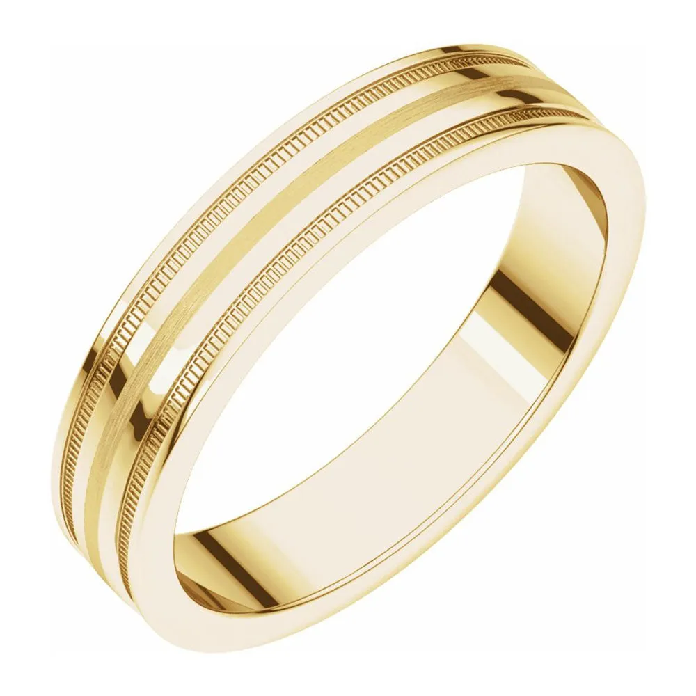 4mm 14K Yellow Gold Flat Edge Satin Center Milgrain Comfort Fit Band