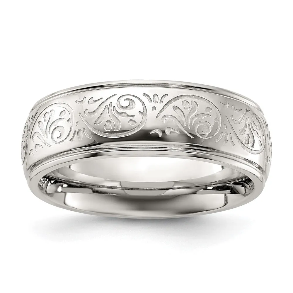 7.5mm Stainless Steel Etched Ornate Design Ridged Comfort Fit Band