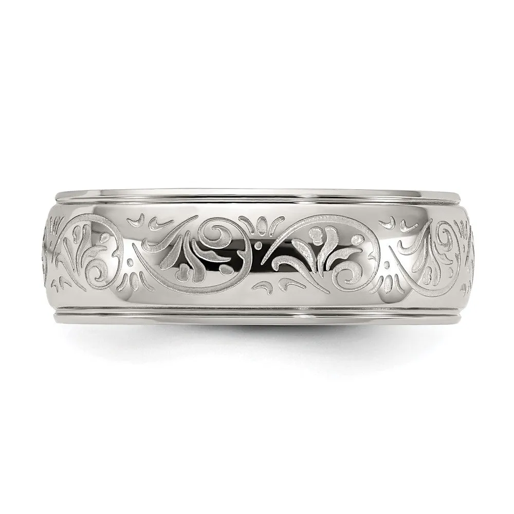 7.5mm Stainless Steel Etched Ornate Design Ridged Comfort Fit Band