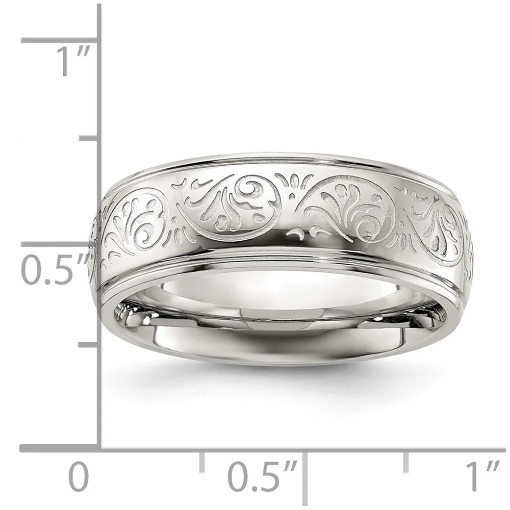 7.5mm Stainless Steel Etched Ornate Design Ridged Comfort Fit Band