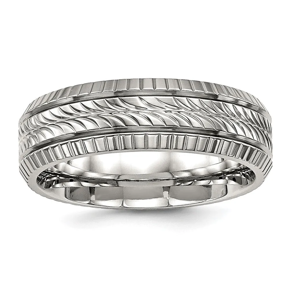 7mm Stainless Steel Polished Fancy Grooved Standard Fit Band