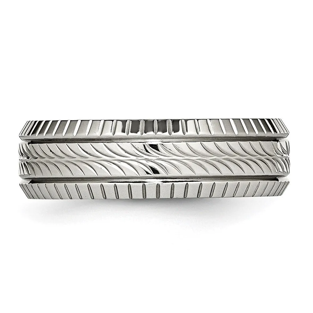 7mm Stainless Steel Polished Fancy Grooved Standard Fit Band