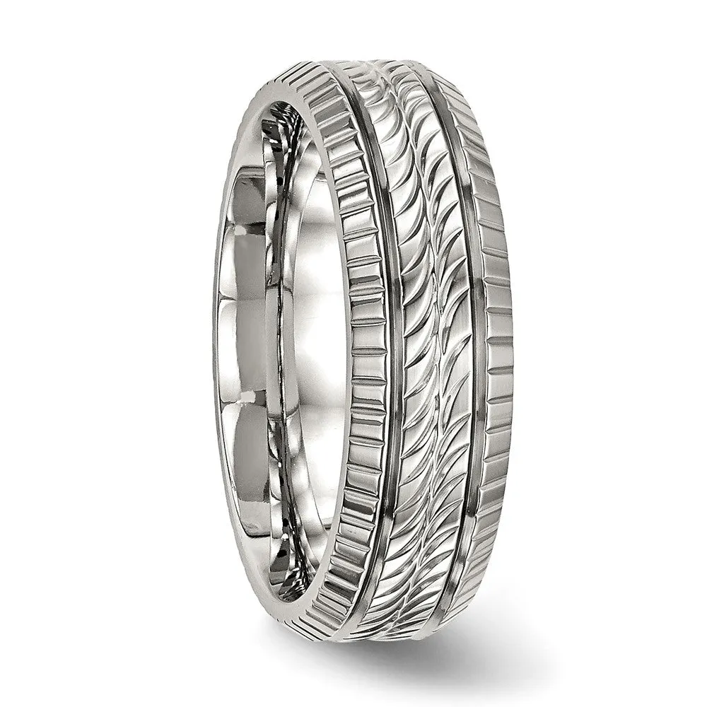 7mm Stainless Steel Polished Fancy Grooved Standard Fit Band