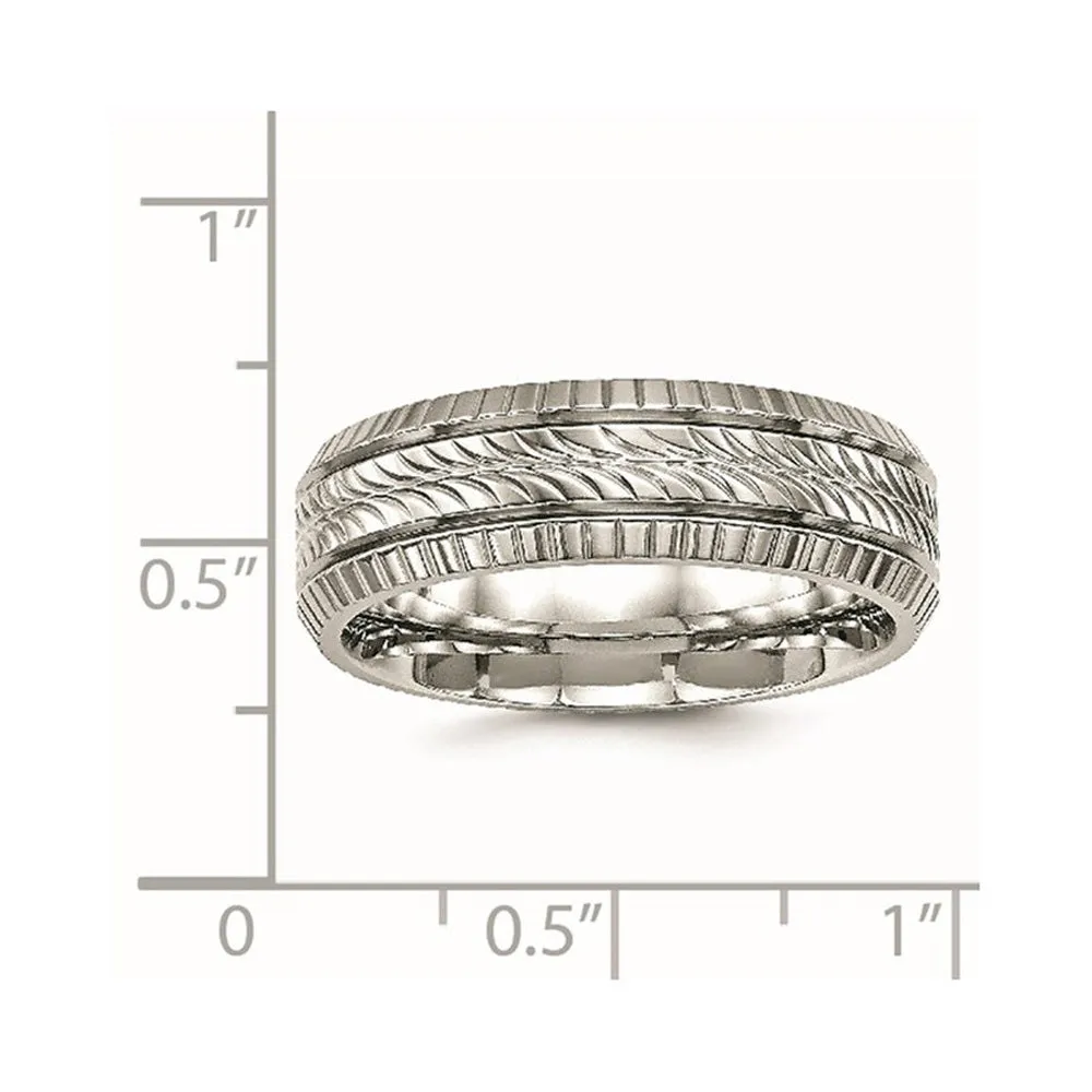 7mm Stainless Steel Polished Fancy Grooved Standard Fit Band