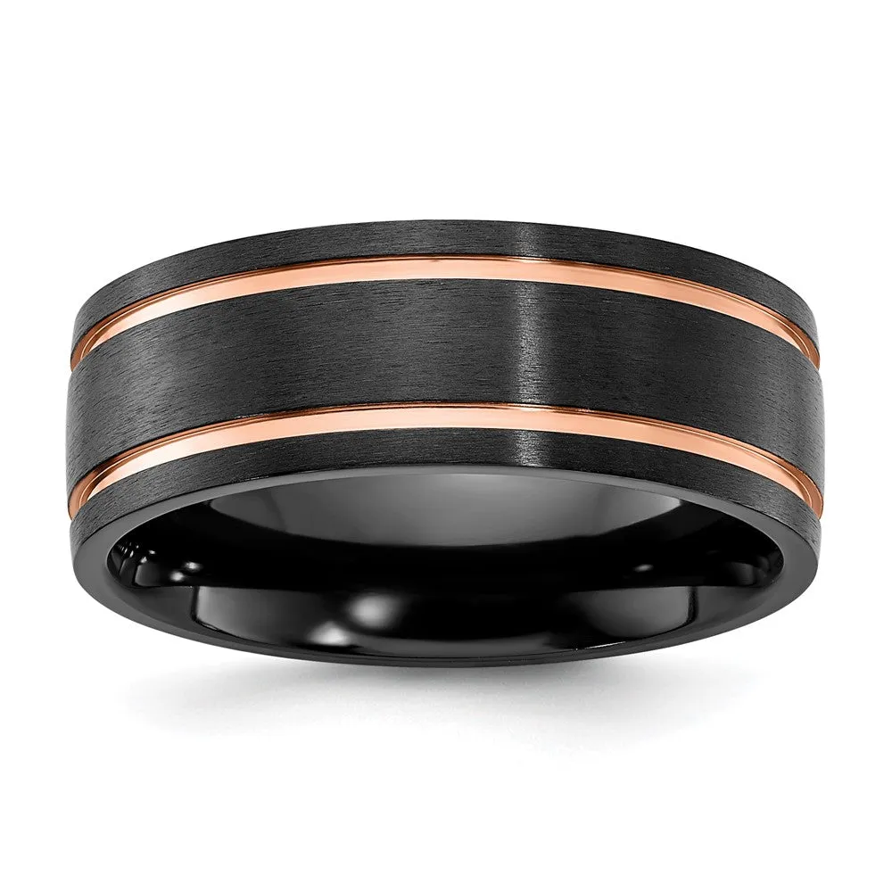 8mm Black Zirconium & Rose Tone Plated Grooved Standard Fit Band