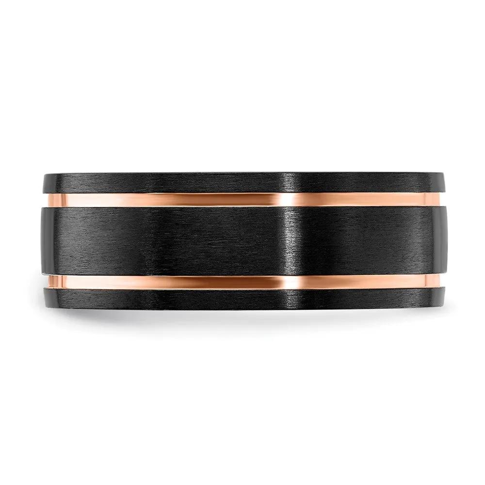 8mm Black Zirconium & Rose Tone Plated Grooved Standard Fit Band