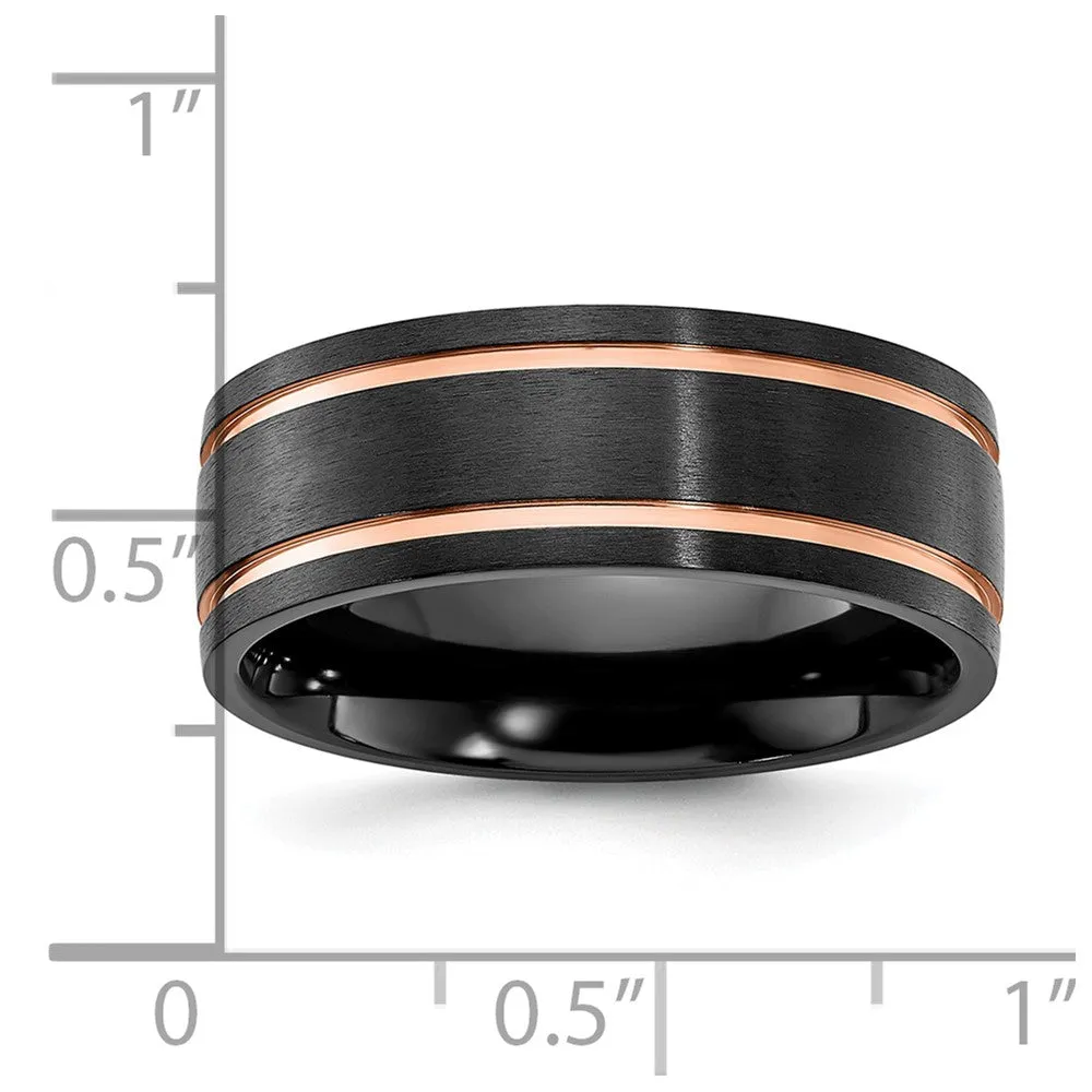 8mm Black Zirconium & Rose Tone Plated Grooved Standard Fit Band