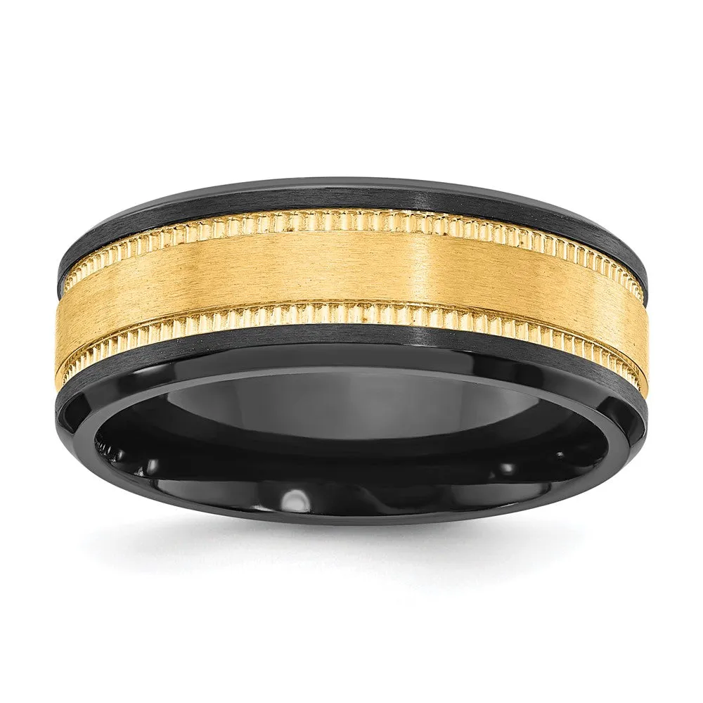 8mm Black Zirconium & Yellow Gold Tone Grooved Standard Fit Band