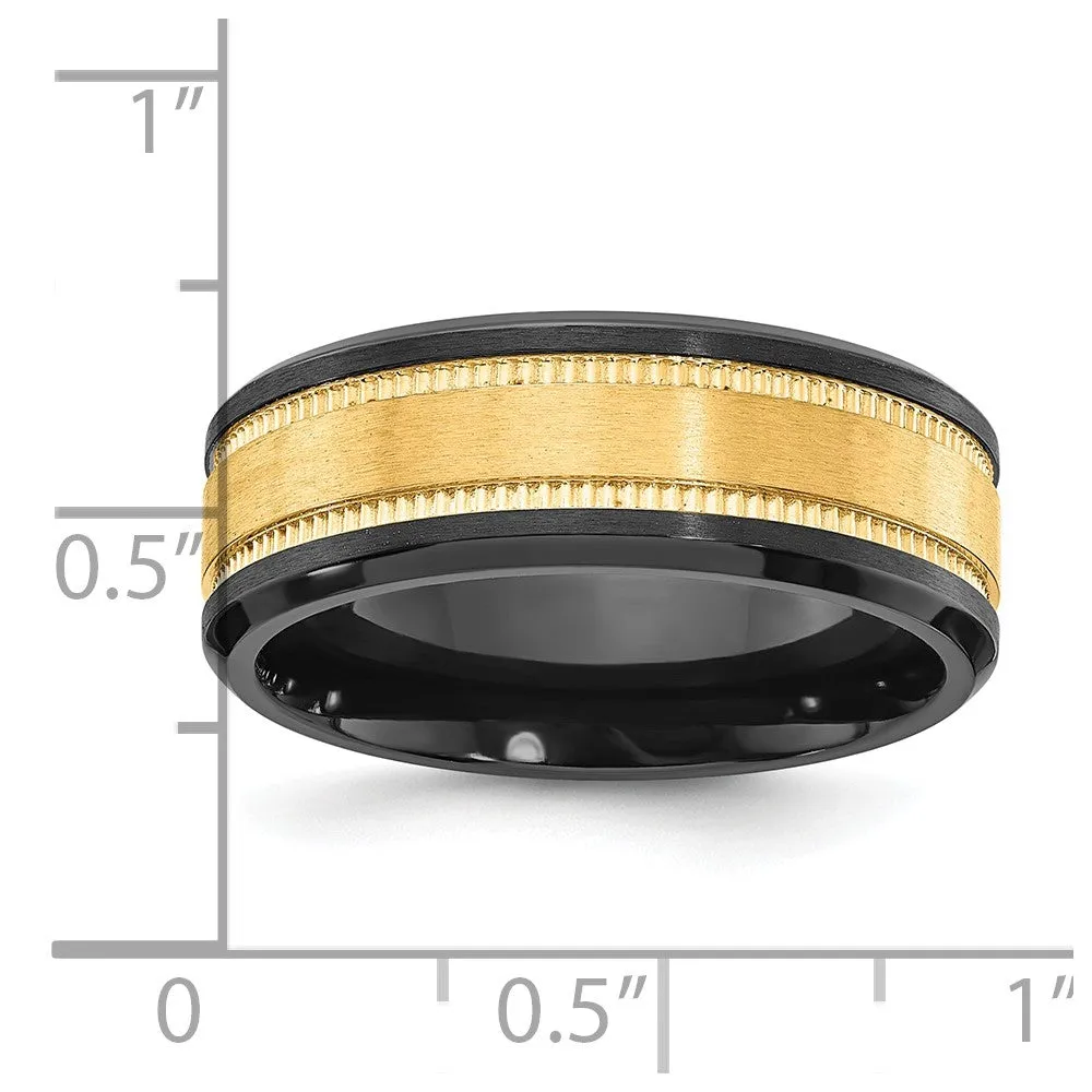 8mm Black Zirconium & Yellow Gold Tone Grooved Standard Fit Band