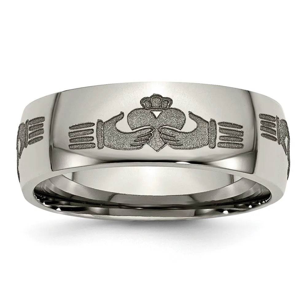 8mm Titanium Etched & Polished Claddagh Domed Standard Fit Band