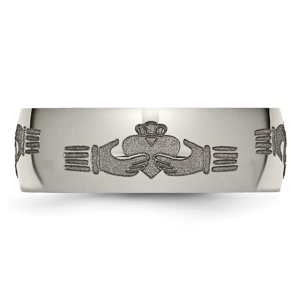 8mm Titanium Etched & Polished Claddagh Domed Standard Fit Band