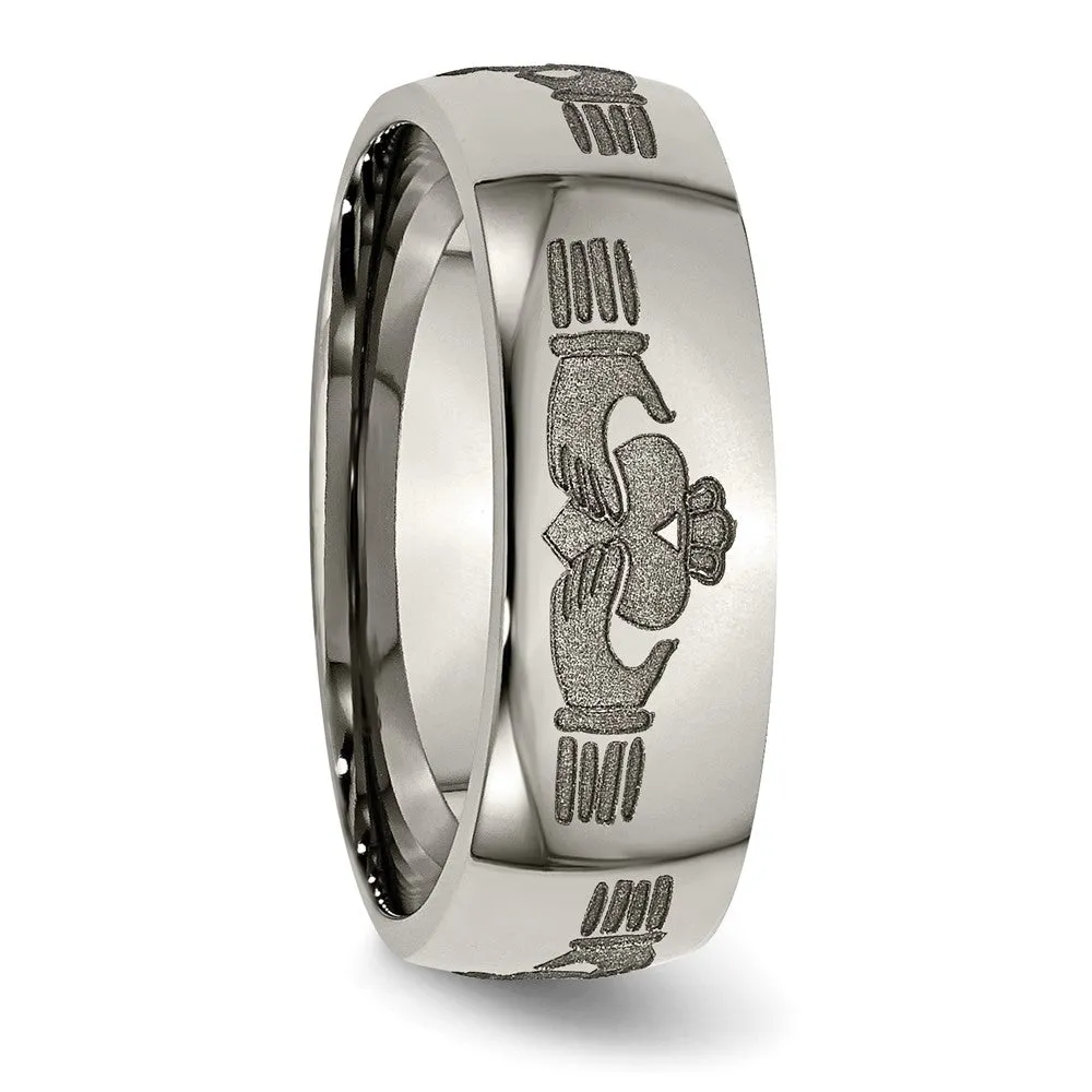 8mm Titanium Etched & Polished Claddagh Domed Standard Fit Band