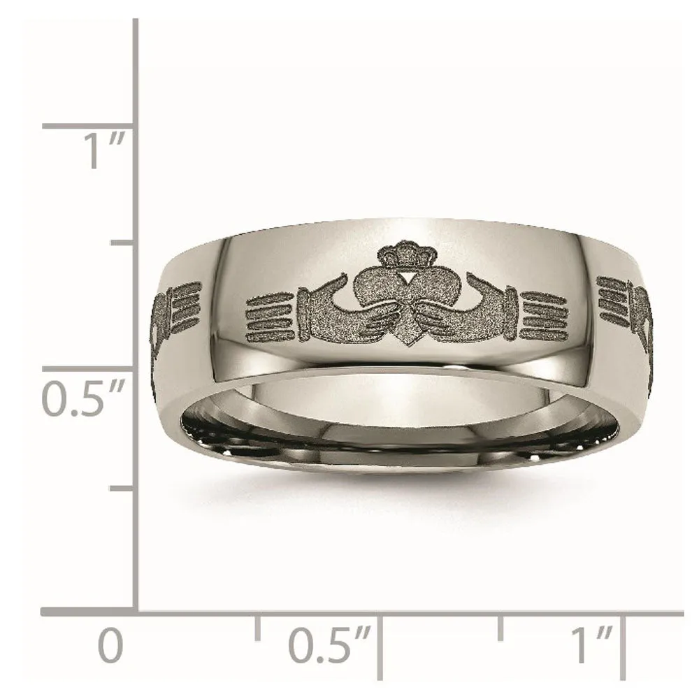 8mm Titanium Etched & Polished Claddagh Domed Standard Fit Band