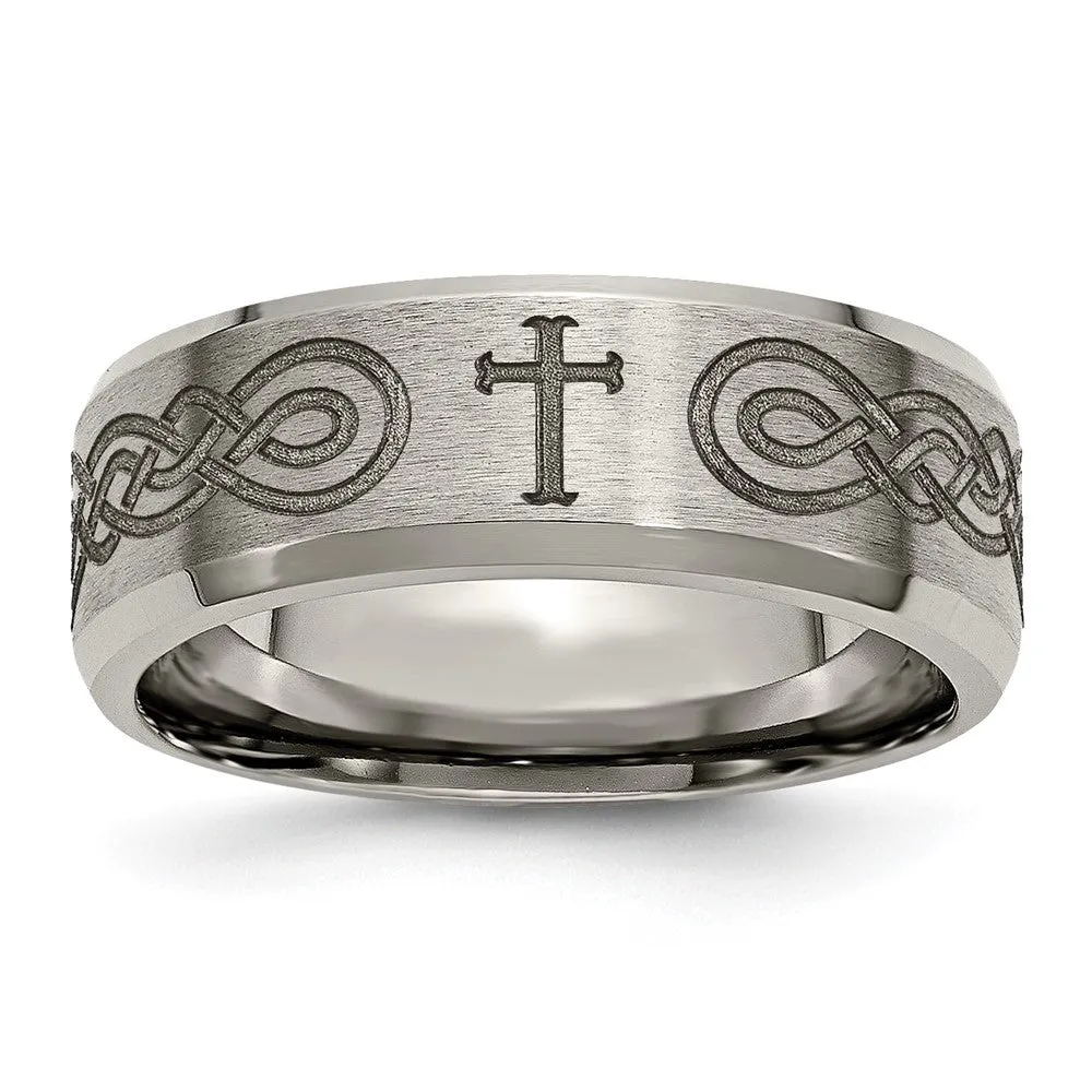 8mm Titanium Laser Etched Cross & Scroll Beveled Standard Fit Band