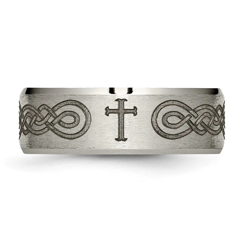 8mm Titanium Laser Etched Cross & Scroll Beveled Standard Fit Band