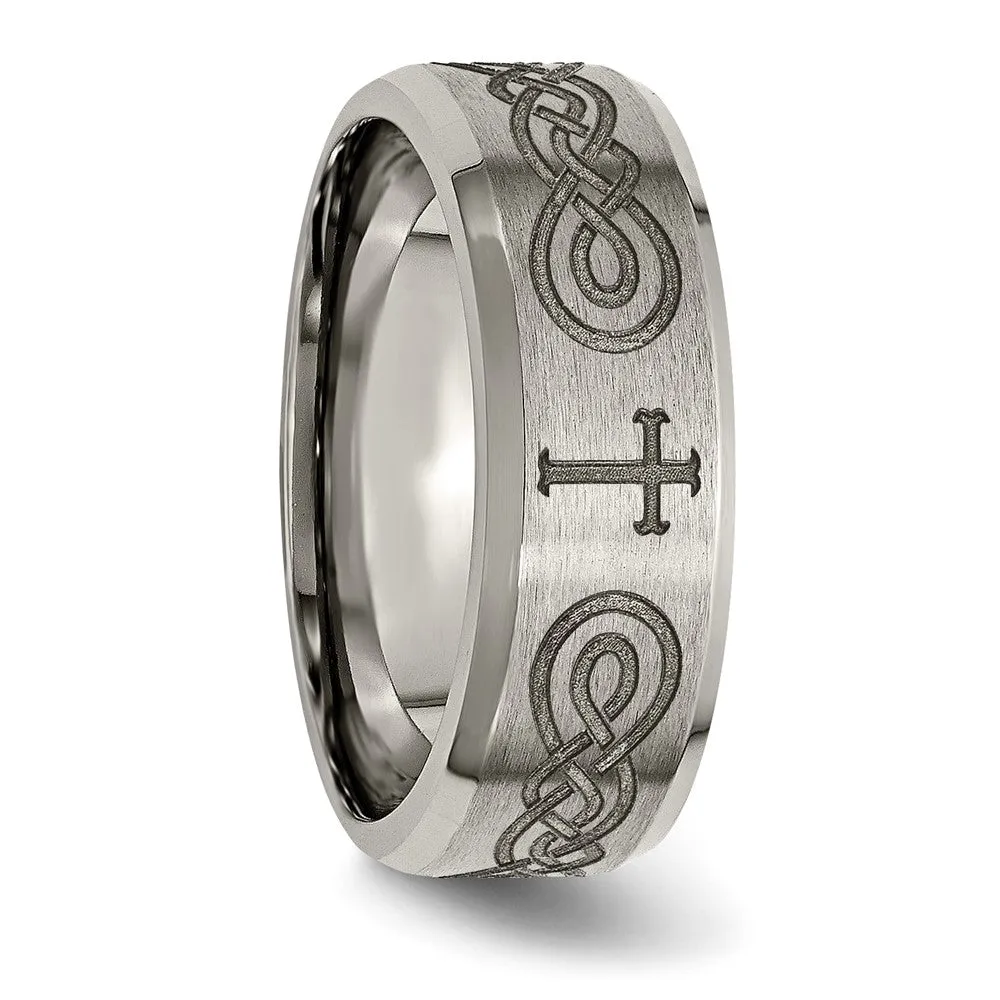 8mm Titanium Laser Etched Cross & Scroll Beveled Standard Fit Band