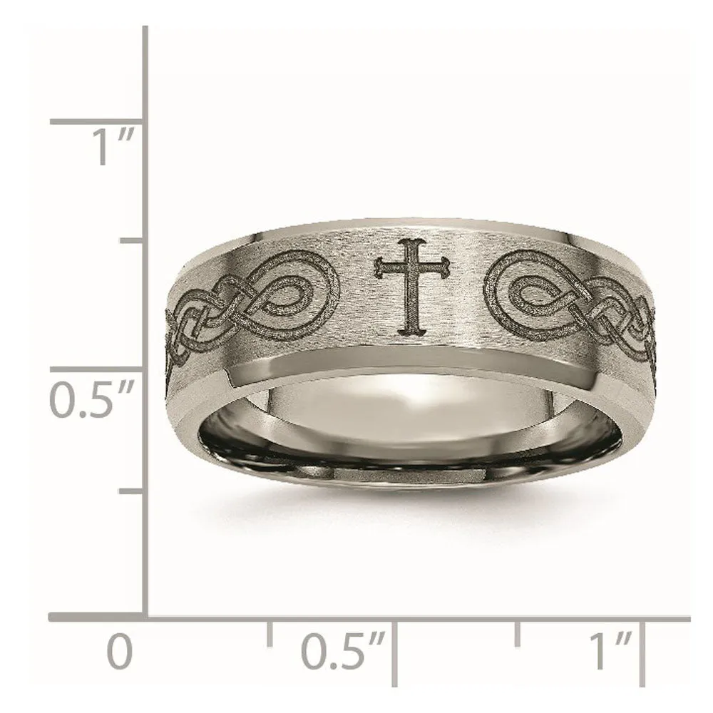 8mm Titanium Laser Etched Cross & Scroll Beveled Standard Fit Band