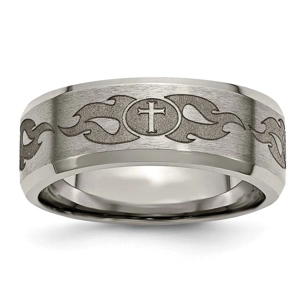 8mm Titanium Lasered Cross & Flame Beveled Edge Standard Fit Band