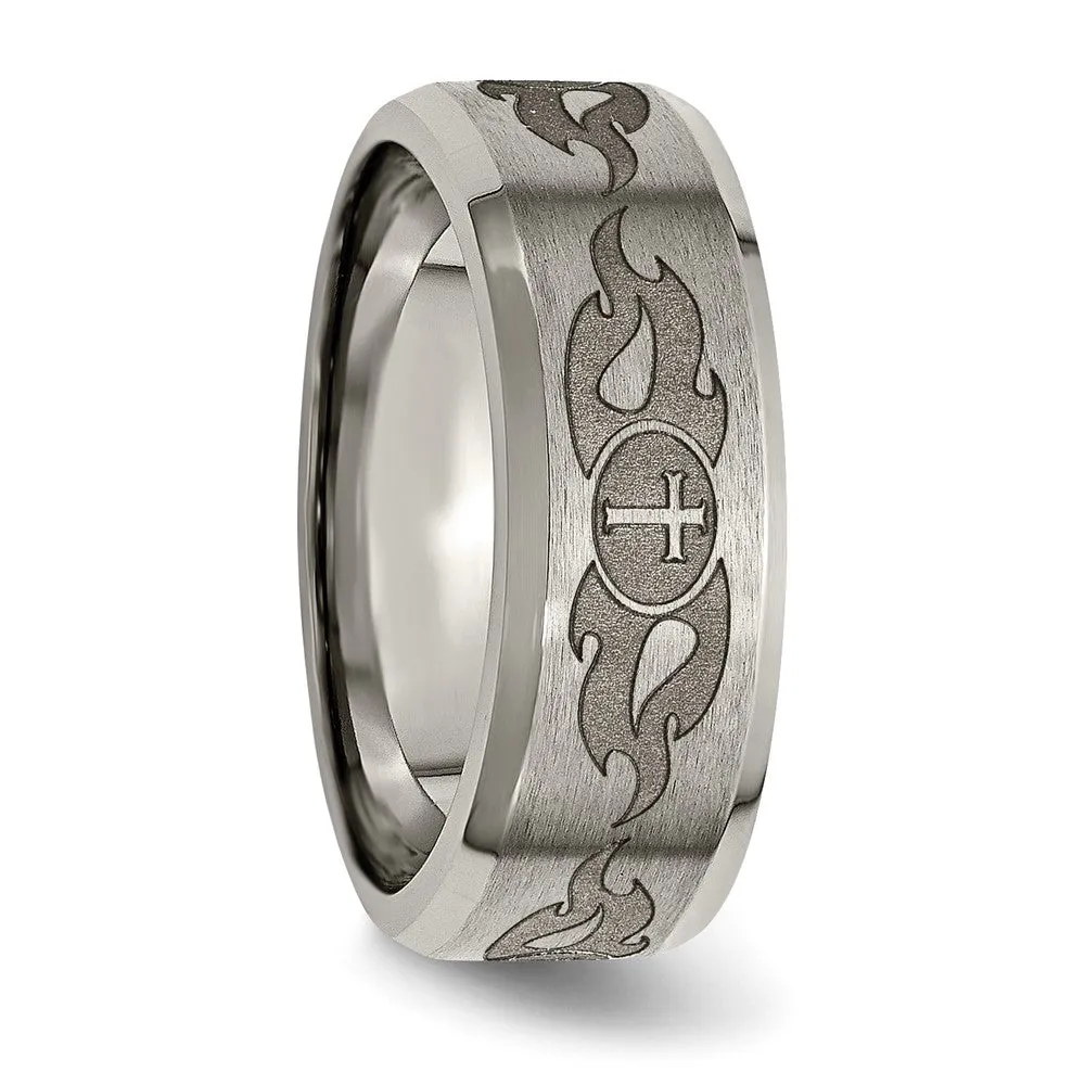 8mm Titanium Lasered Cross & Flame Beveled Edge Standard Fit Band