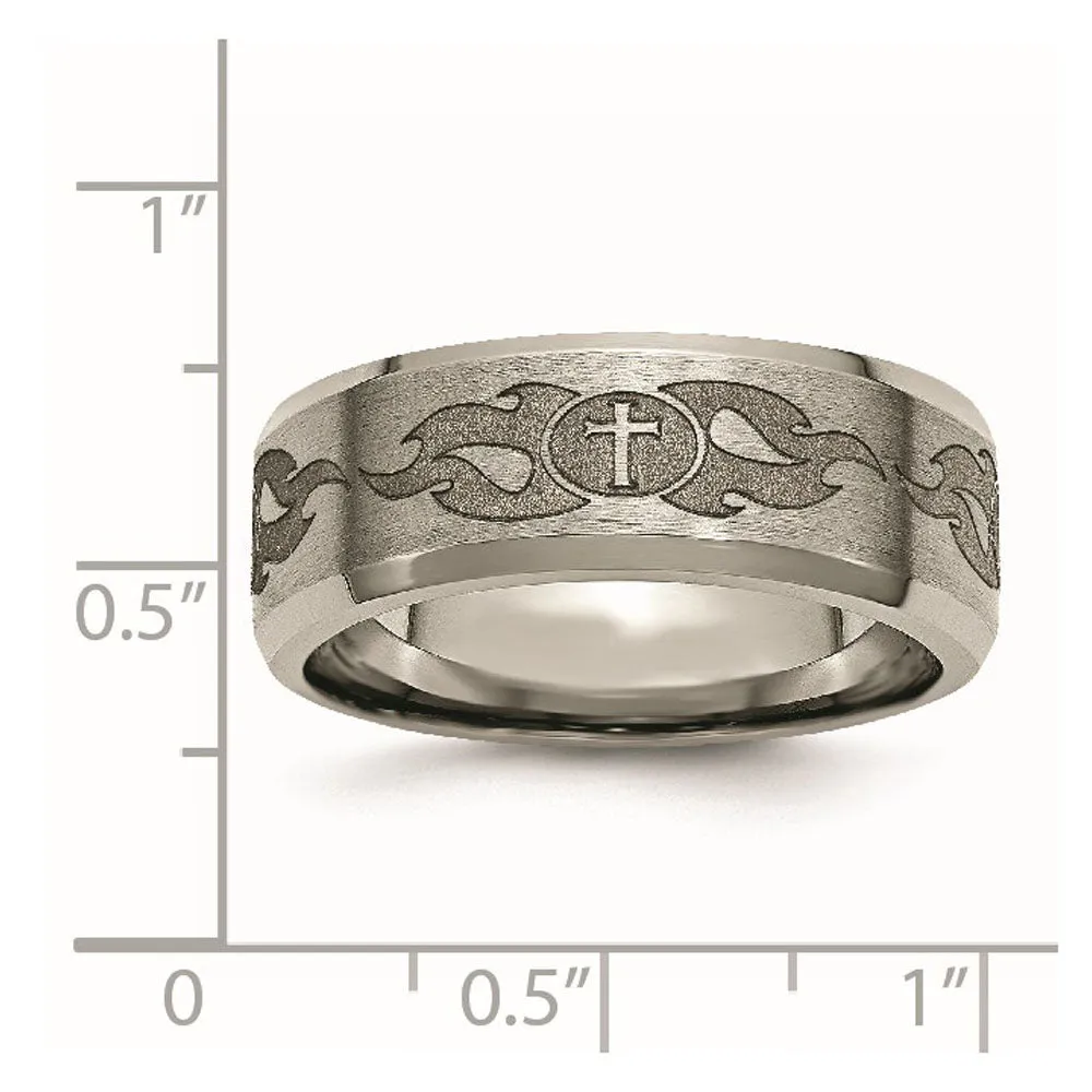 8mm Titanium Lasered Cross & Flame Beveled Edge Standard Fit Band