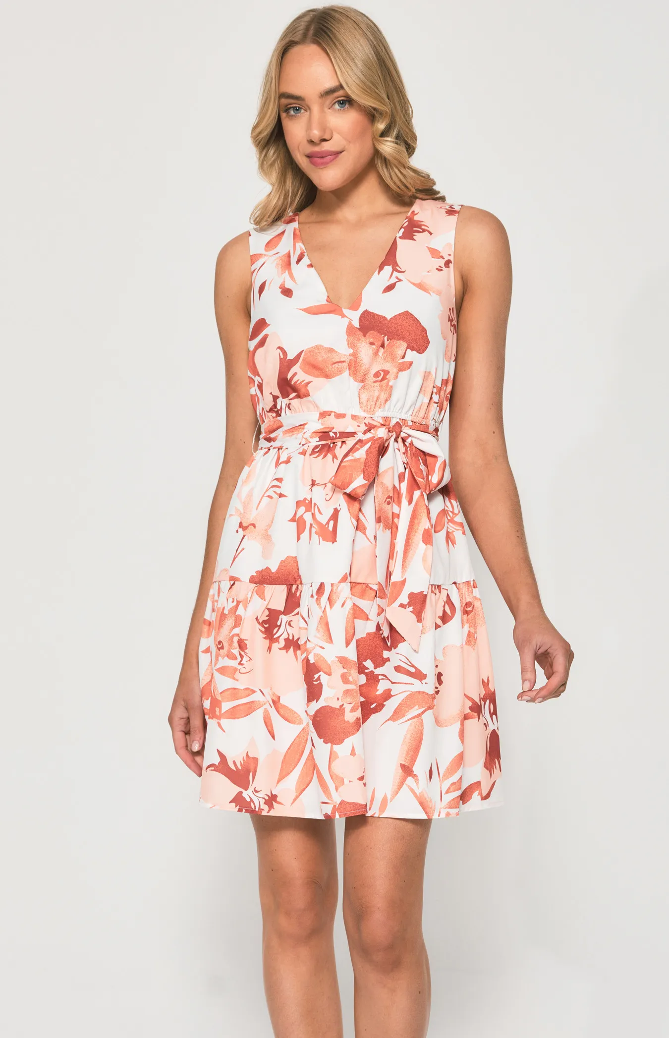 Abstract Floral V Neck Dress with Belt (SDR1356A)