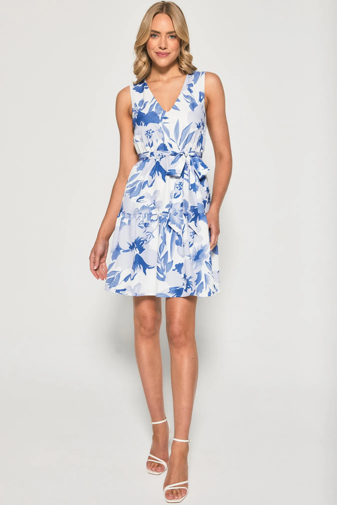 Abstract Floral V Neck Dress with Belt (SDR1356A)