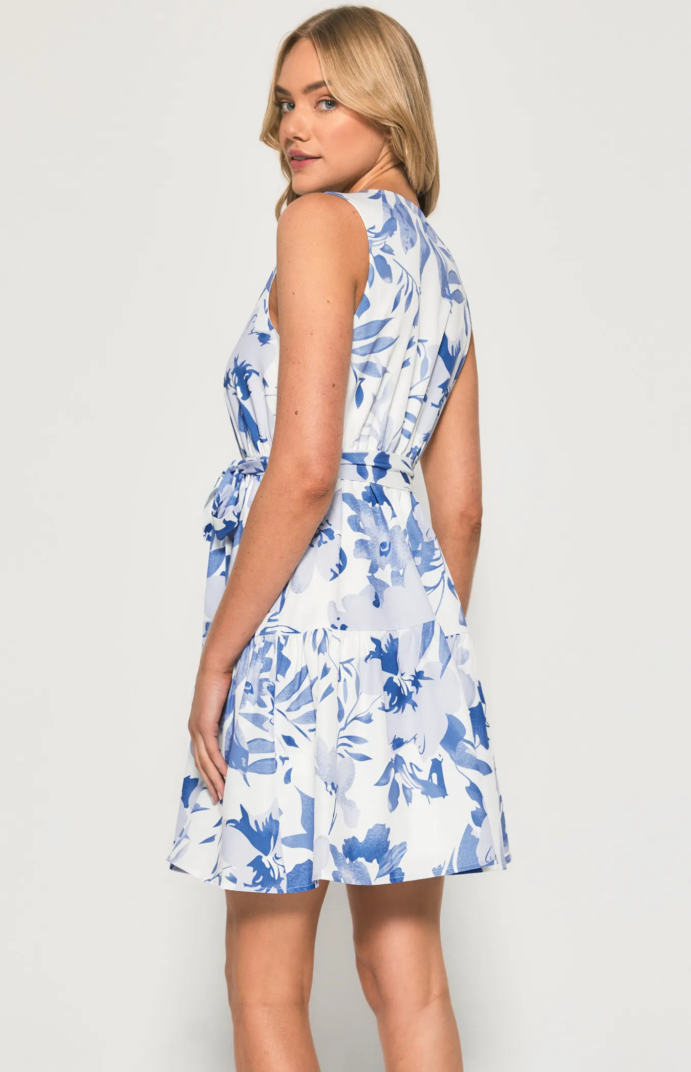 Abstract Floral V Neck Dress with Belt (SDR1356A)