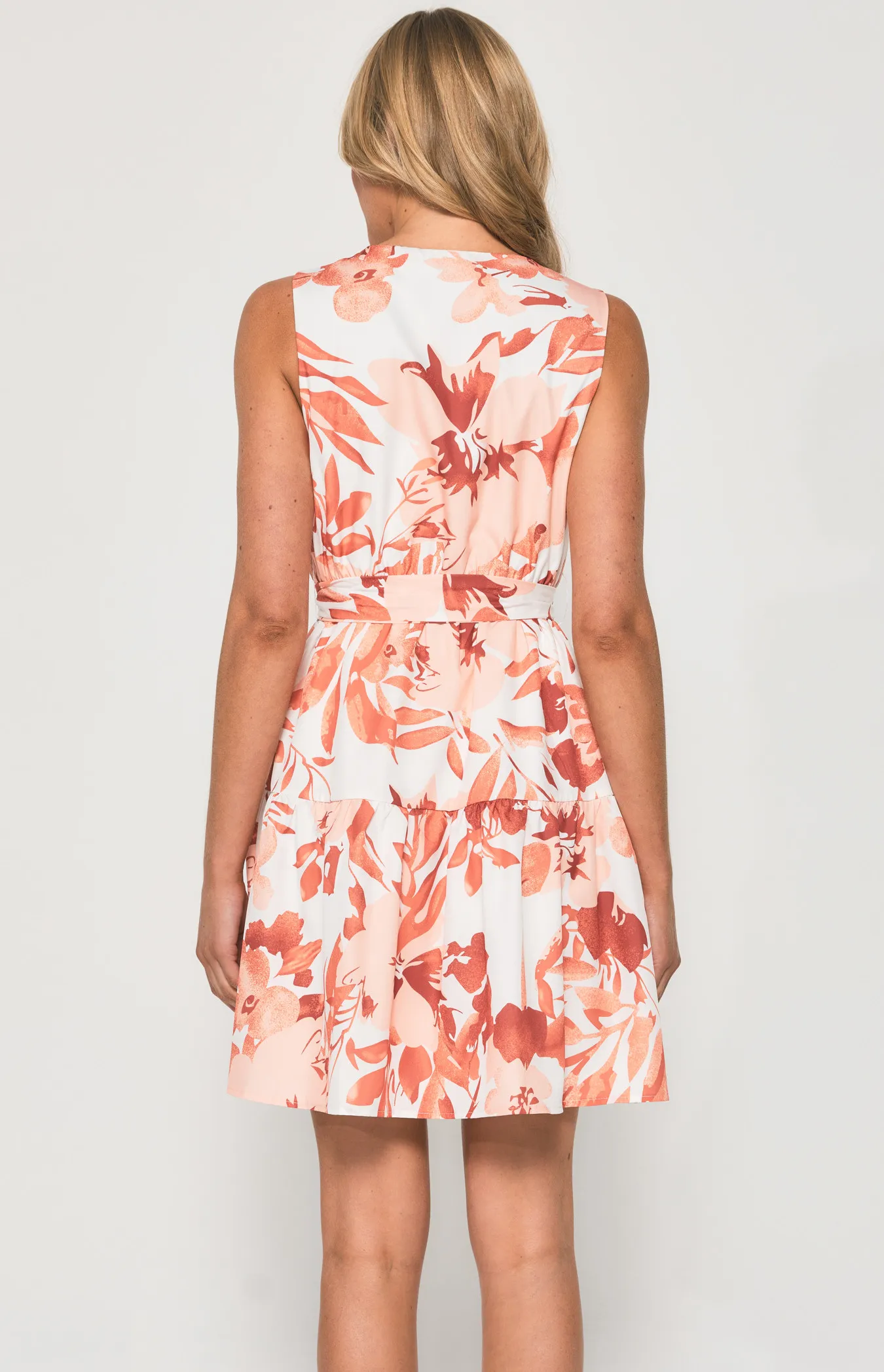 Abstract Floral V Neck Dress with Belt (SDR1356A)