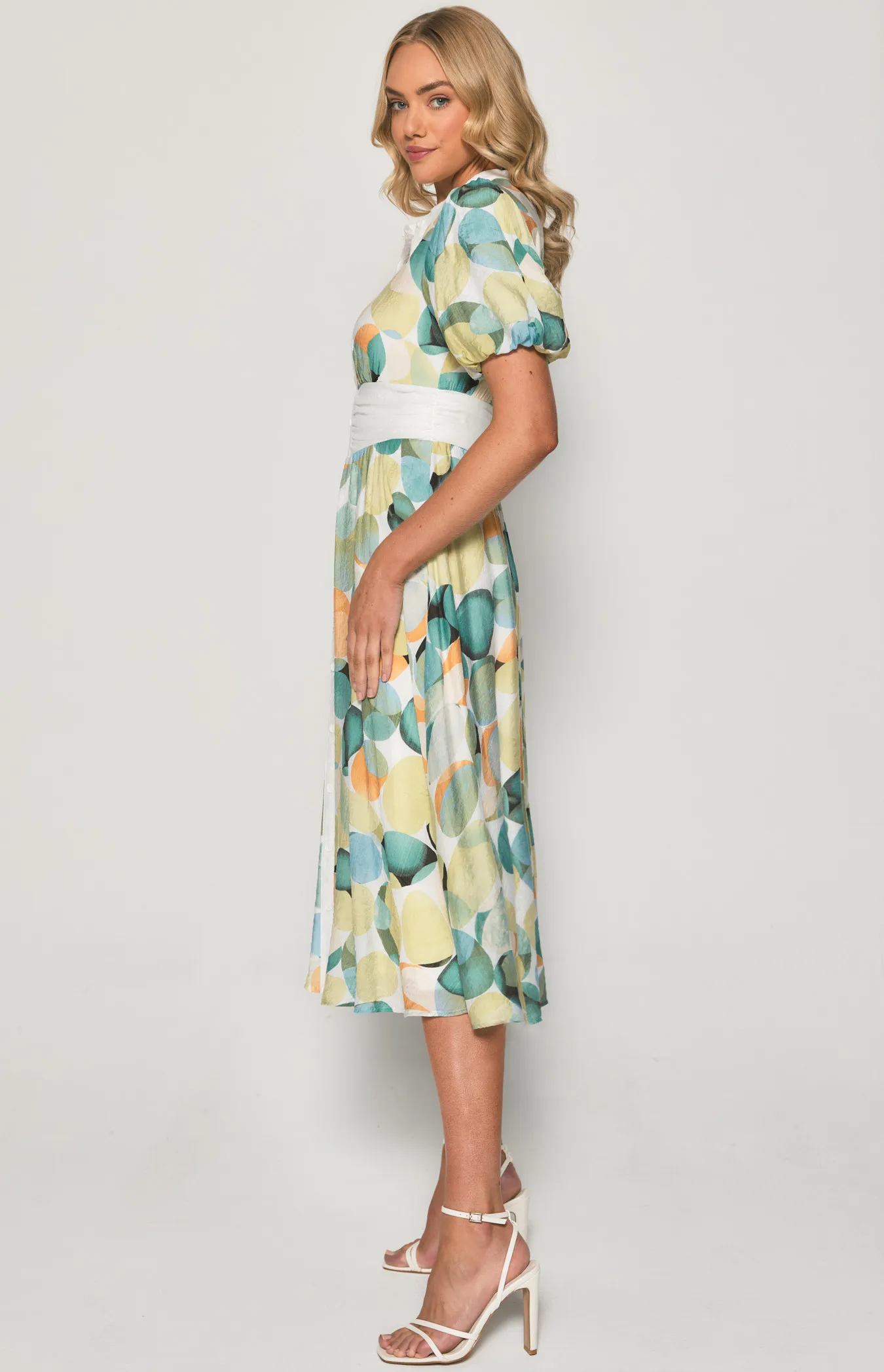 Abstract Print Waist Contrast Panel Midi Dress (SDR1406B)