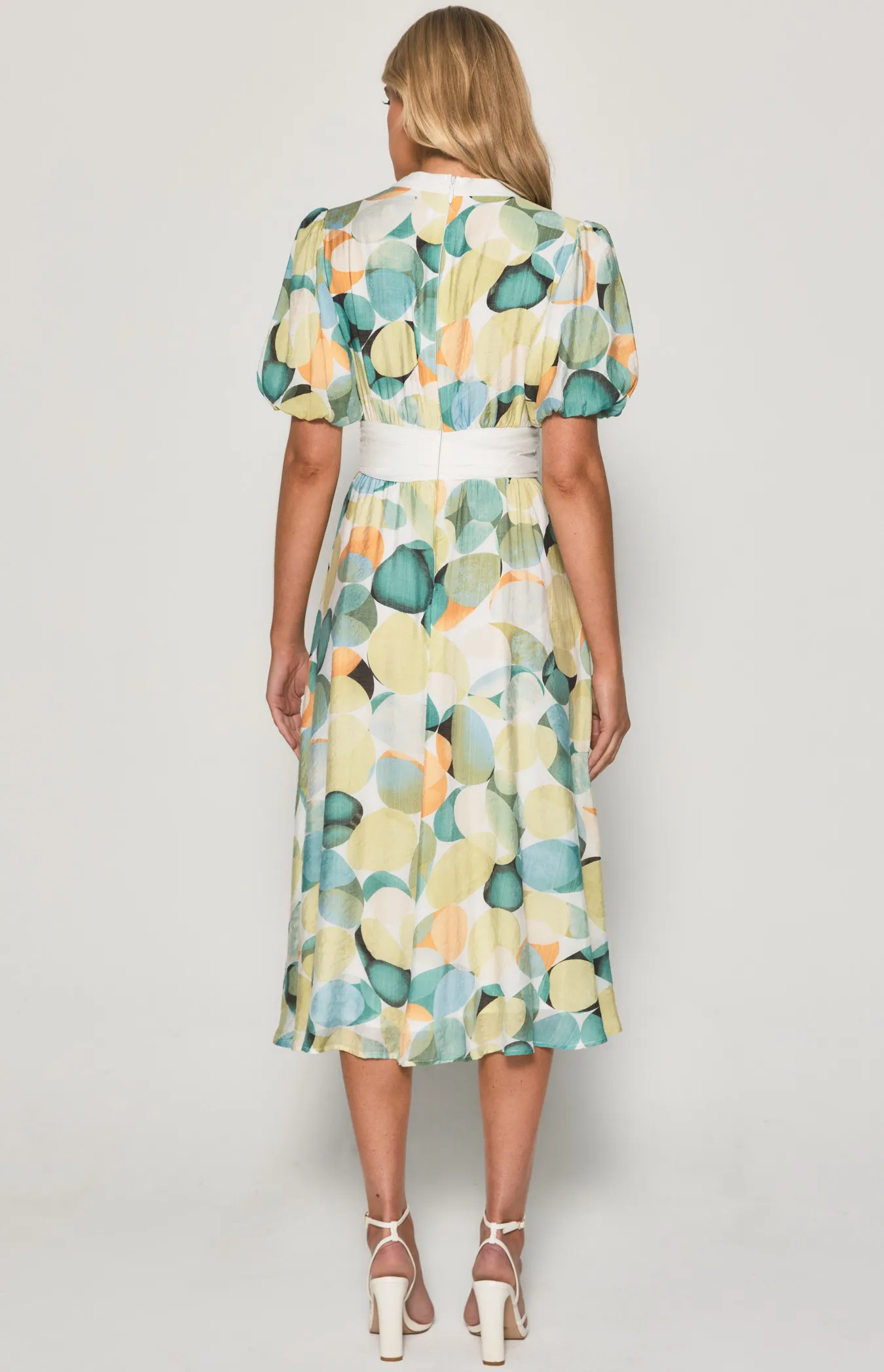 Abstract Print Waist Contrast Panel Midi Dress (SDR1406B)