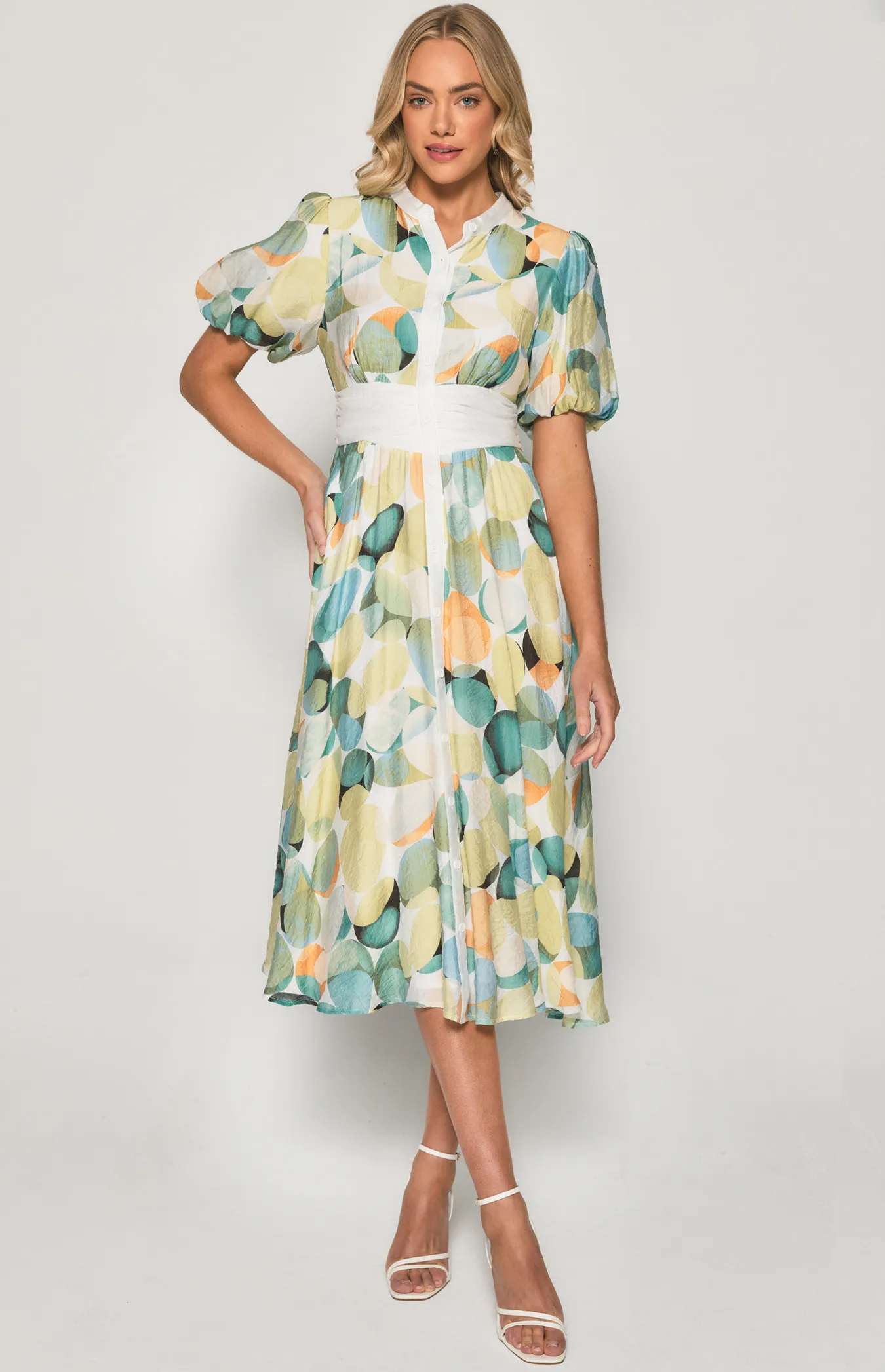 Abstract Print Waist Contrast Panel Midi Dress (SDR1406B)