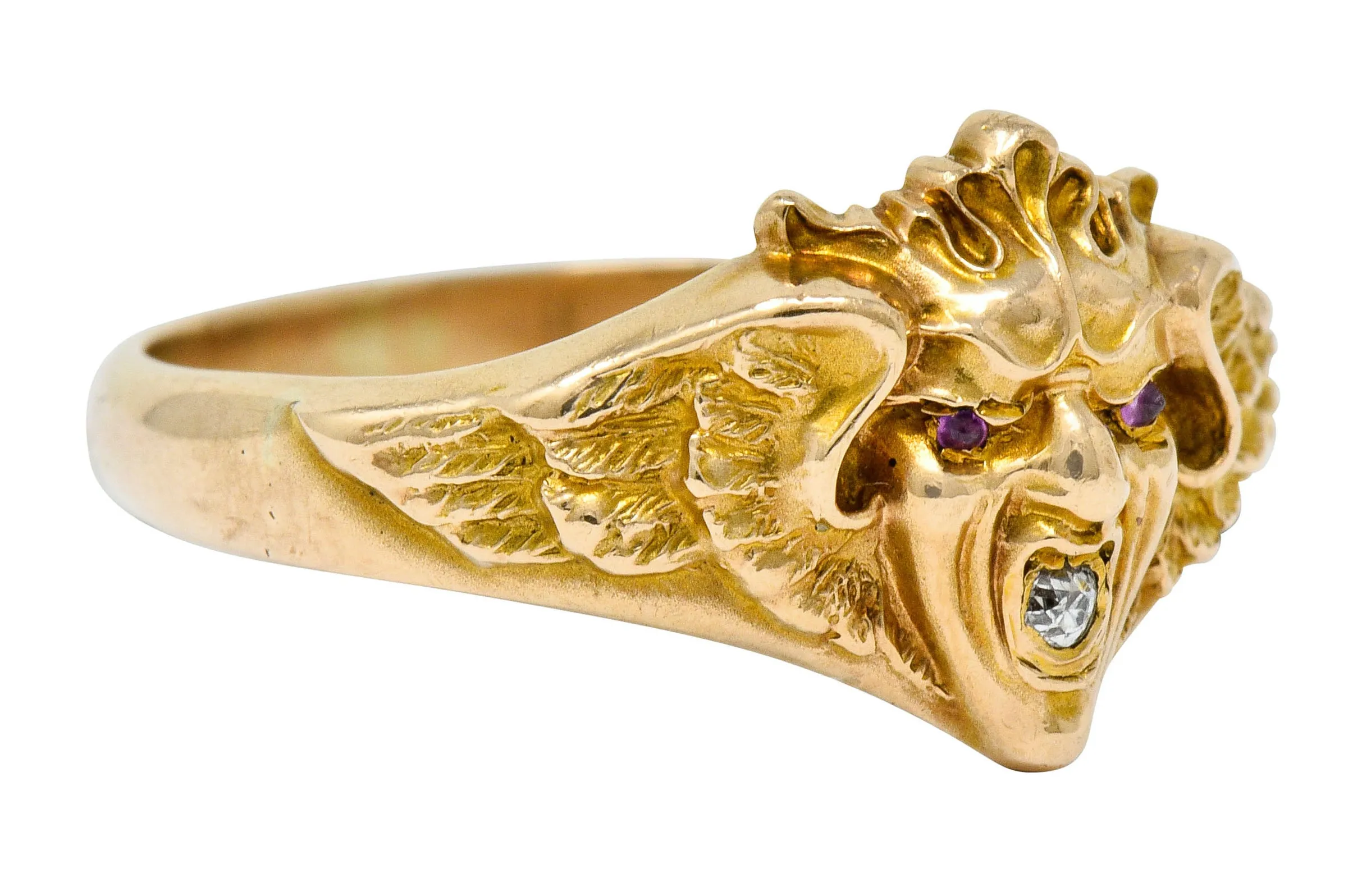 Art Nouveau Diamond Ruby 14 Karat Gold Winged Green Man Band Ring