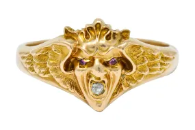 Art Nouveau Diamond Ruby 14 Karat Gold Winged Green Man Band Ring