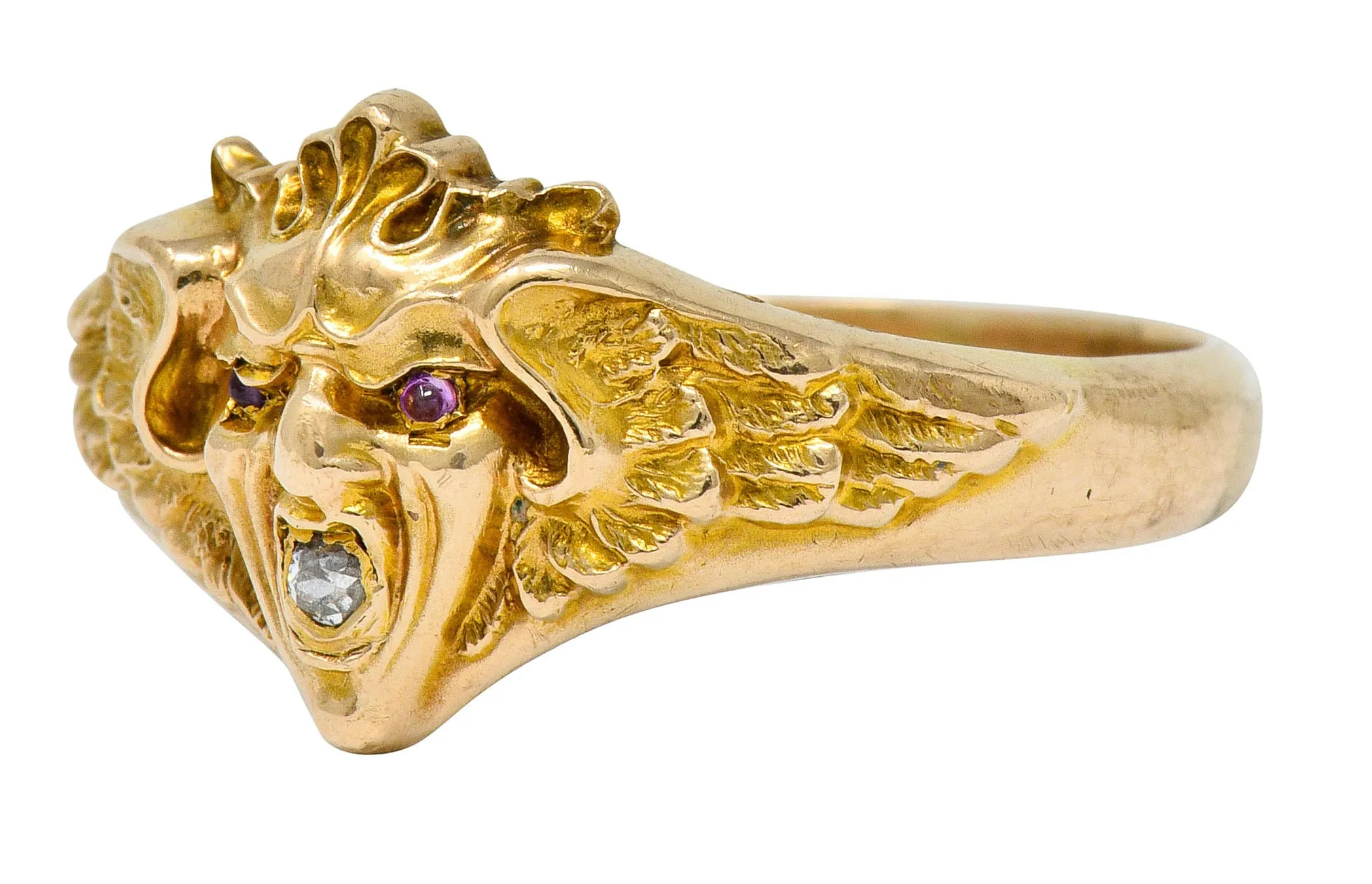 Art Nouveau Diamond Ruby 14 Karat Gold Winged Green Man Band Ring