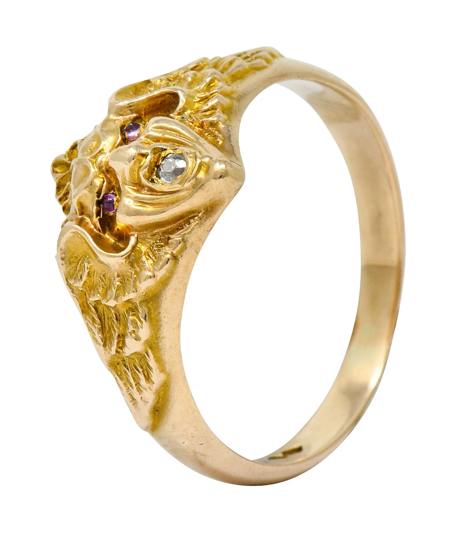 Art Nouveau Diamond Ruby 14 Karat Gold Winged Green Man Band Ring