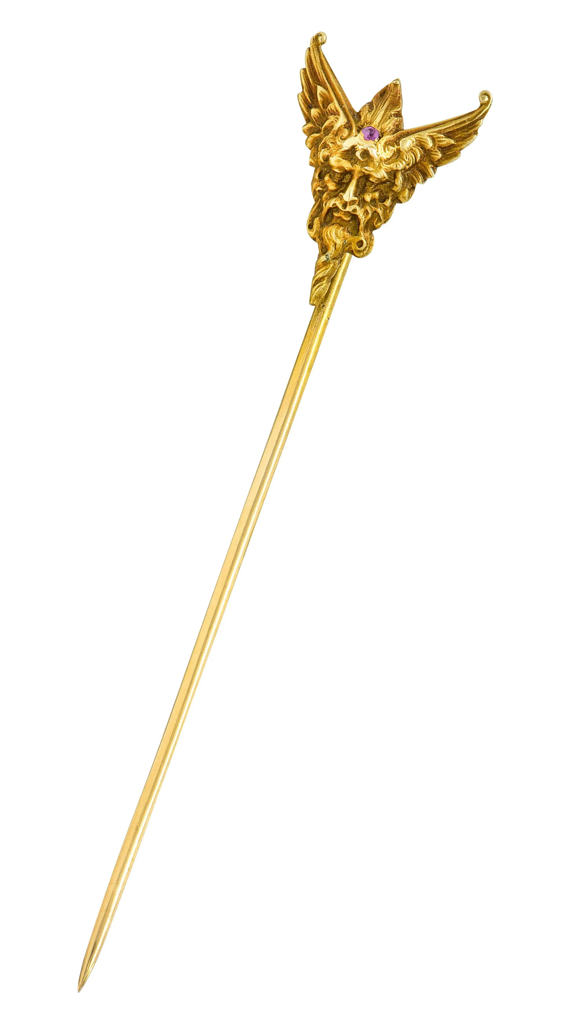 Art Nouveau Ruby 14 Karat Gold Hypnos Greek God Green Man Stickpin