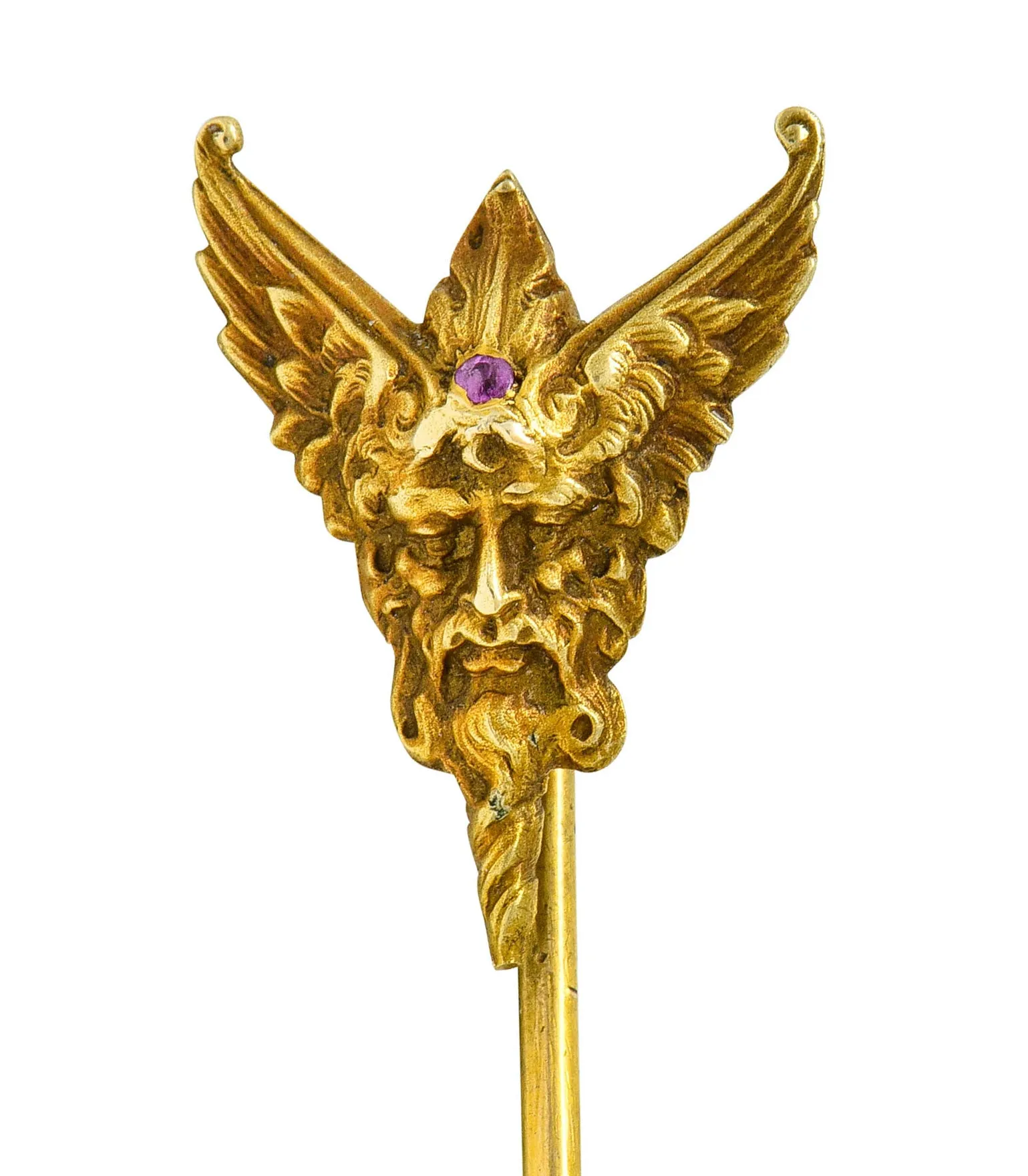 Art Nouveau Ruby 14 Karat Gold Hypnos Greek God Green Man Stickpin