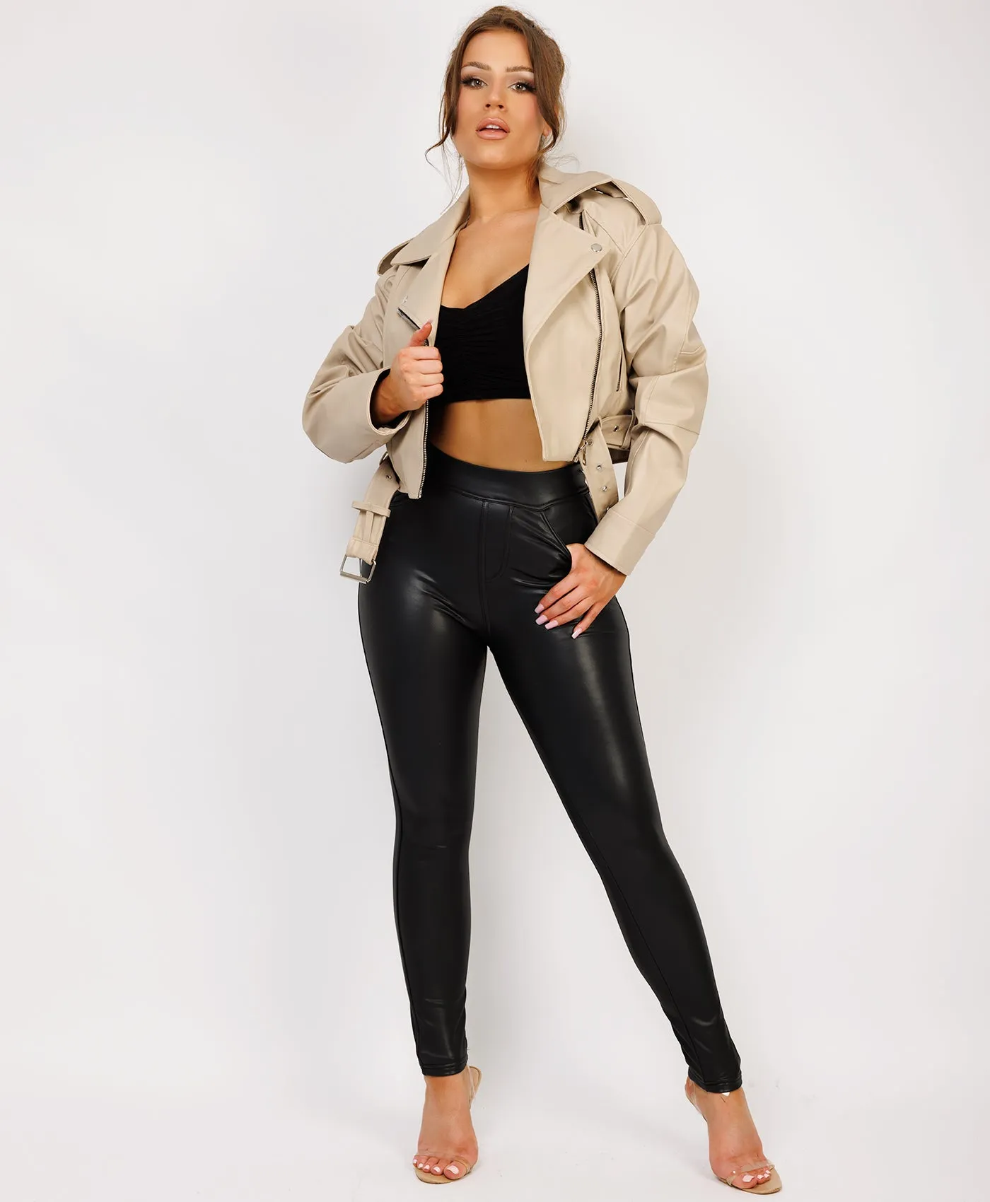 Beige Faux Leather Cropped Belted Biker Jacket