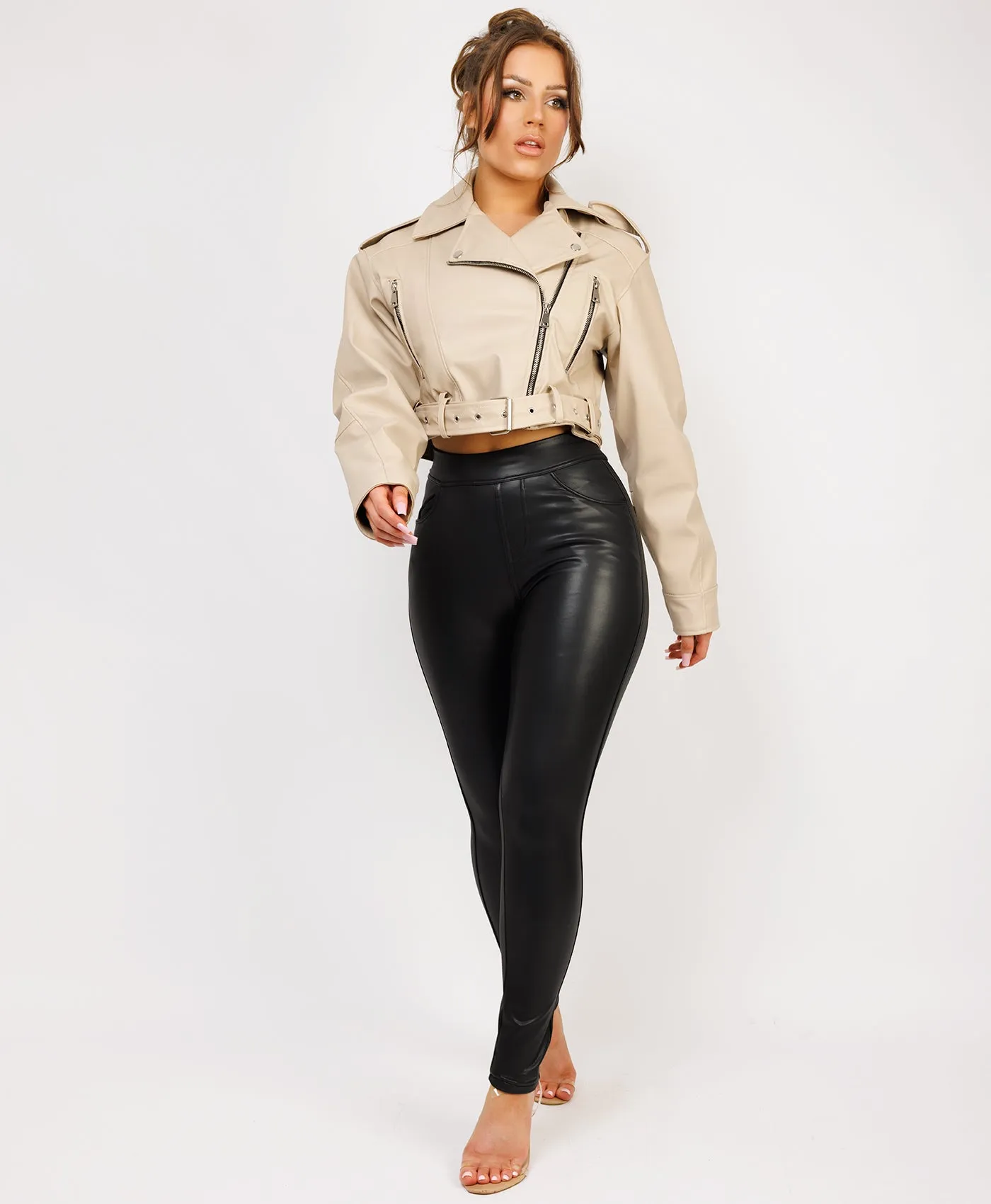 Beige Faux Leather Cropped Belted Biker Jacket