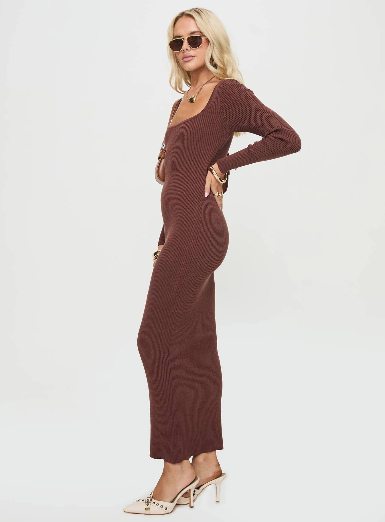 Bianchi Long Sleeve Maxi Dress Chocolate