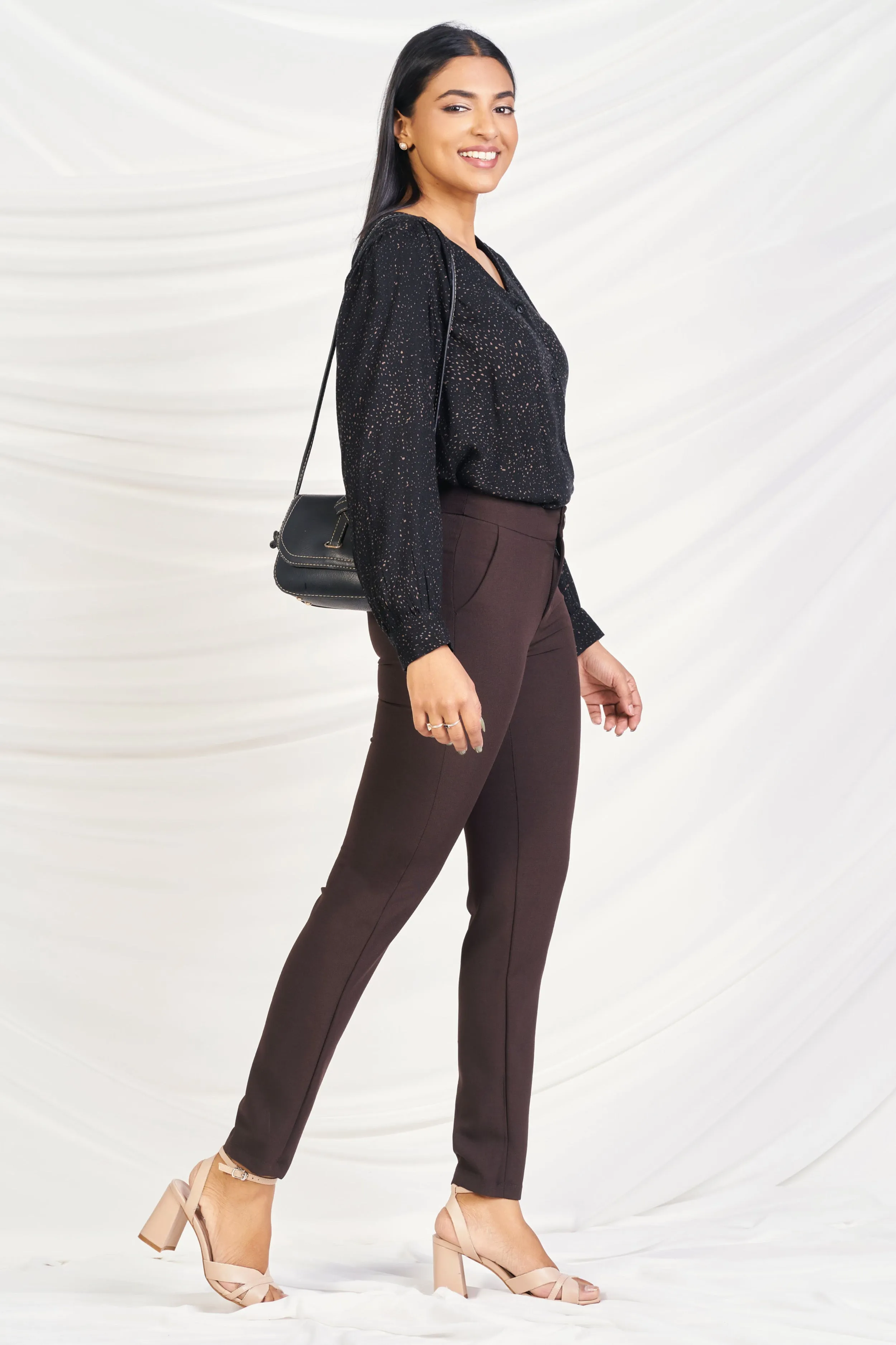 Black & Brown Front Button Blouse - Regular Fit